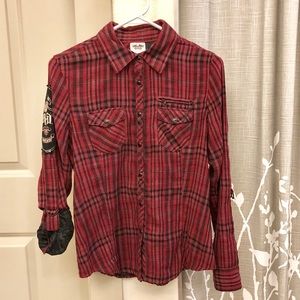 Harley Davidson Flannel Patch Tab Sleeve Top